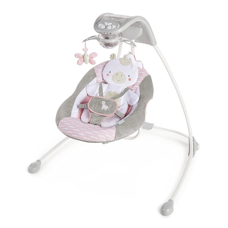 Photo 1 of Ingenuity InLighten 6-Speed Baby Swing - Easy-Fold Frame, Swivel Infant Seat, Nature Sounds, Light Up Mobile - Flora The Unicorn (Pink)
