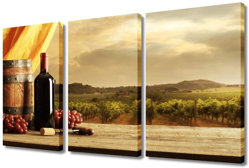 Photo 1 of 3 Piece Canvas Wall Art Red Wine Bottles and Grapes Pictures Vineyard Landscape Paintings for Living Room Quality Artwork Bedroom Home Decorations Stretched and Framed Ready to Hang(36"Wx24"H)
