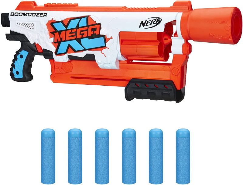 Photo 1 of NERF Mega XL Boom Dozer Blaster, Largest Mega Darts Ever, XL 6-Dart Rotating Drum, 6 Mega XL Whistler Darts, Pump Action
