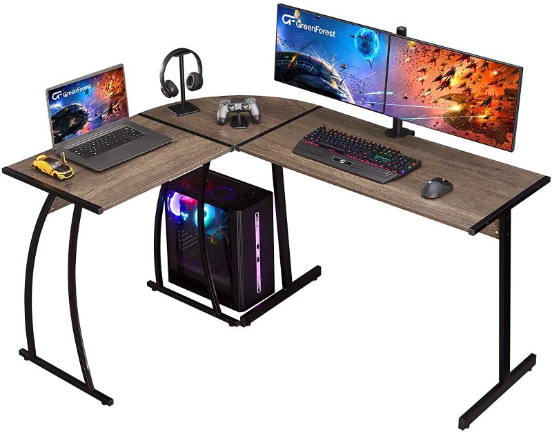 Photo 1 of GreenForest L Shaped Gaming Computer Desk 58.1 inch, L-Shape Corner Gaming Table, Writing Studying PC Laptop Workstation 3-Piece for Home Office Bedroom, Dark Walnut
