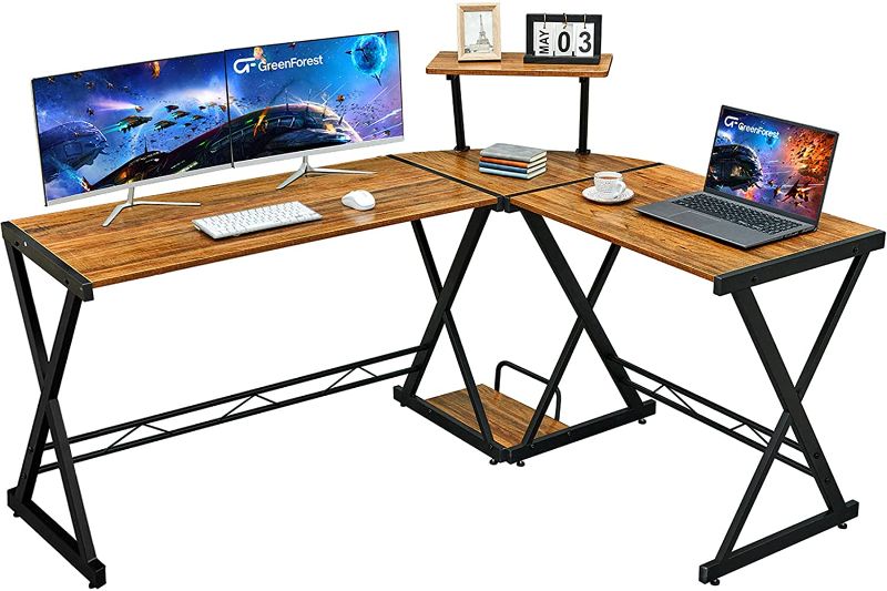 Photo 1 of GreenForest L Shaped Gaming Computer Desk 58.1 inch, L-Shape Corner Gaming Table, Writing Studying PC Laptop Workstation 3-Piece for Home Office Bedroom, Dark Walnut