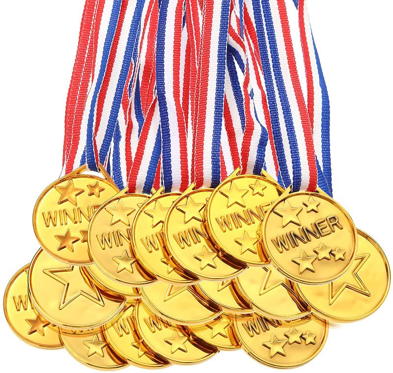Photo 1 of Gejoy 30 Pieces Gold Plastic Winner Award Medals, Winner Award Medals, Olympic Style Metal Winner Awards for Sports, Competition, Talent Show, Spelling Bee, Gymnastic Birthday Party Favors
