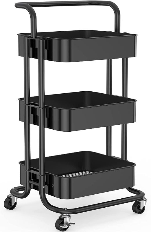 Photo 1 of 3 Tier Mesh Utility Cart, Rolling Metal Organization Cart with Handle and Lockable Wheels, Multifunctional Storage Shelves for Kitchen Living Room Office by Pipishell (Black)
