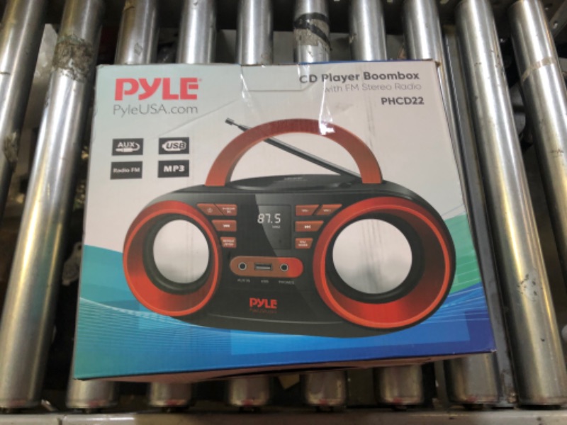 Photo 3 of Pyle Portable CD Player Bluetooth Boombox Speaker - AM/FM Stereo Radio & Audio Sound, Supports CD-R-RW/MP3/WMA, USB, AUX, Headphone, LED Display, AC/Battery Powered, Red Black - PHCD22