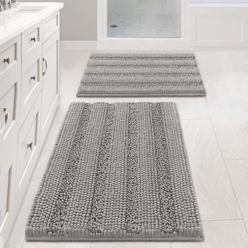 Photo 1 of 2 Piece Bathroom Set Non Slip Thick Shaggy Chenille Bathroom Rugs Soft Bath Mats for Bathroom Extra Absorbent Floor Mats Bath Rugs Set for Kitchen/Living Room (20" x 32"/17" x 24", Dove Grey)