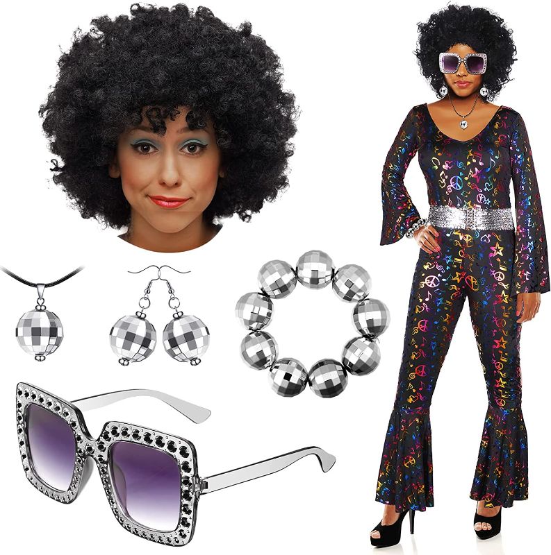 Photo 1 of Hillban 6 Pcs 70s Women's Disco Costume Set Lady Disco accessories Afro Wig Ball Earrings Necklace Bracelet Sunglasses Size Large
