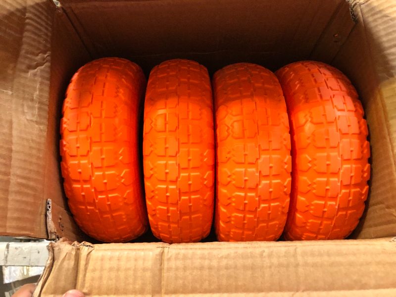 Photo 2 of 10" Flat Free Tires Solid Rubber Tyre Wheels?4.10/3.50-4 Air Less Tires Wheel with 5/8" Center Bearings?for Hand Truck/Trolley/Garden Utility Wagon Cart/Lawn Mower/Wheelbarrow/Generator?4 Pack, Orange 12.4 Pounds Orange