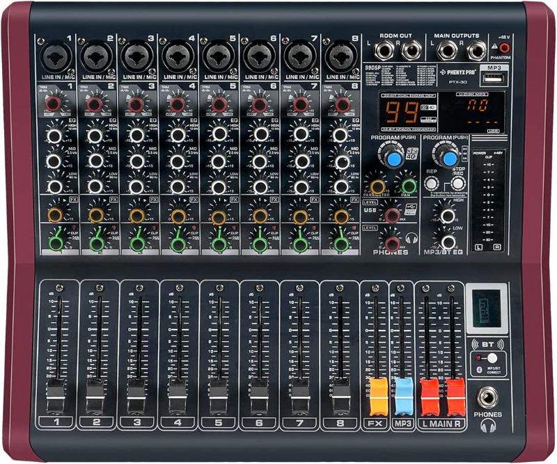 Photo 1 of Professional DJ Audio Mixer, Phenyx Pro Sound Mixer, 8-Channel Sound Board Mixer Audio w/USB Audio Interface, USB-B Recording, BT Function, 99 DSP Effects, 3-Band EQ, For Studio, Stage (PTX-30)
