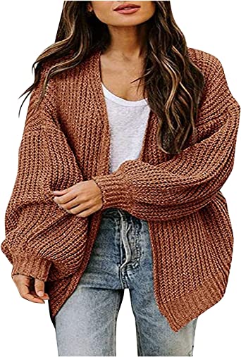 Photo 1 of  Womens Cardigan Solid Color Long Sleeve Open Front Chunky Knit Sweater Outwear COFFEE SMALL