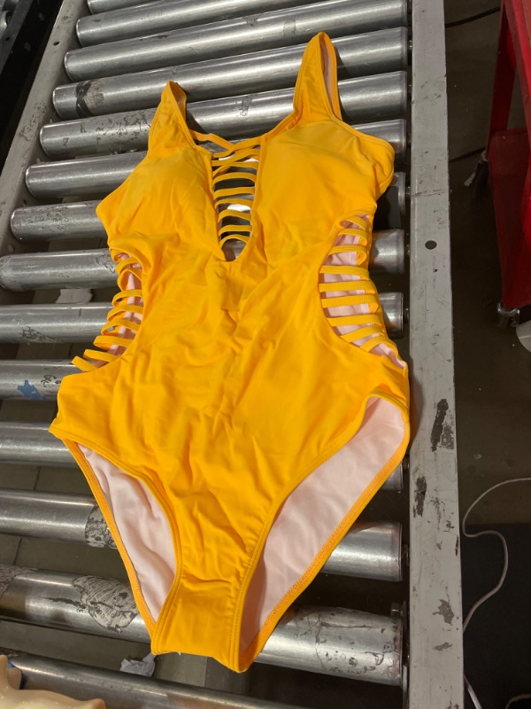 Photo 2 of Aqua Eve Women Sexy One Piece Swimsuits Plunge Deep V Neck Cutout Bathing Suits Medium Yellow