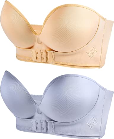 Photo 1 of 2 Pieces Strapless Pushup Bras Front Buckle Lift Bra Women Upwingsbra Wireless Non-Slip Invisible Front Hook Underwear Bra 40D