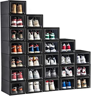 Photo 1 of 12 Pack Shoe Storage Box Shoe Box Clear Plastic Stackable Drop Front Shoe Organizer Space Saving Foldable Shoe Container Bin Fit up to US Size 12 (Dark black). Moderate used, Missing Parts, Cuts on Item. Box Packaging is Damaged
