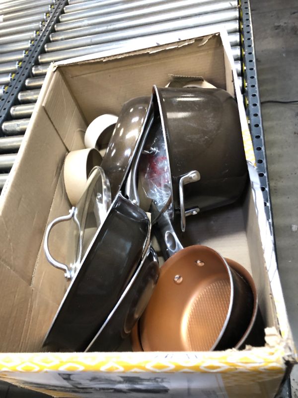 Photo 3 of Ayesha Curry Kitchenware Home Collection Porcelain Enamel Nonstick Cookware Set, Brown Sugar, 12-Piece. Missing Pieces, Scratches and Scuffs on Pots, Pans and Lids. No Foam Packing for Pots and Pans, Box Packaging Damaged
