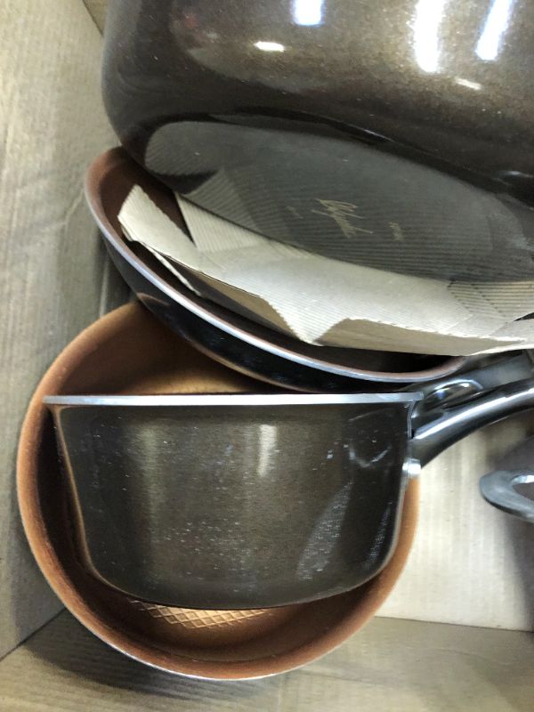 Photo 4 of Ayesha Curry Kitchenware Home Collection Porcelain Enamel Nonstick Cookware Set, Brown Sugar, 12-Piece. Missing Pieces, Scratches and Scuffs on Pots, Pans and Lids. No Foam Packing for Pots and Pans, Box Packaging Damaged
