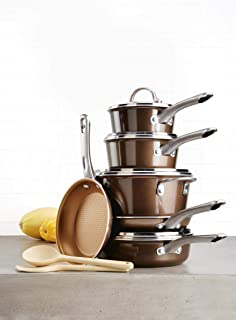 Photo 1 of Ayesha Curry Kitchenware Home Collection Porcelain Enamel Nonstick Cookware Set, Brown Sugar, 12-Piece. Missing Pieces, Scratches and Scuffs on Pots, Pans and Lids. No Foam Packing for Pots and Pans, Box Packaging Damaged

