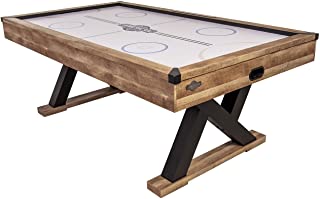 Photo 1 of American Legend Kirkwood 84” Air Powered Hockey Table with Rustic Wood Finish, K-Shaped Legs and Modern Design. Damage Wood Playing Surface as shown in pictures. Box packaging Damaged. 
