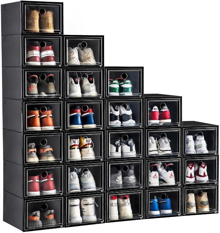 Photo 1 of 12 Pack Shoe Storage Box Shoe Box Clear Plastic Stackable Drop Front Shoe Organizer Space Saving Foldable Shoe Container Bin Fit up to US Size 12 (Dark black)
