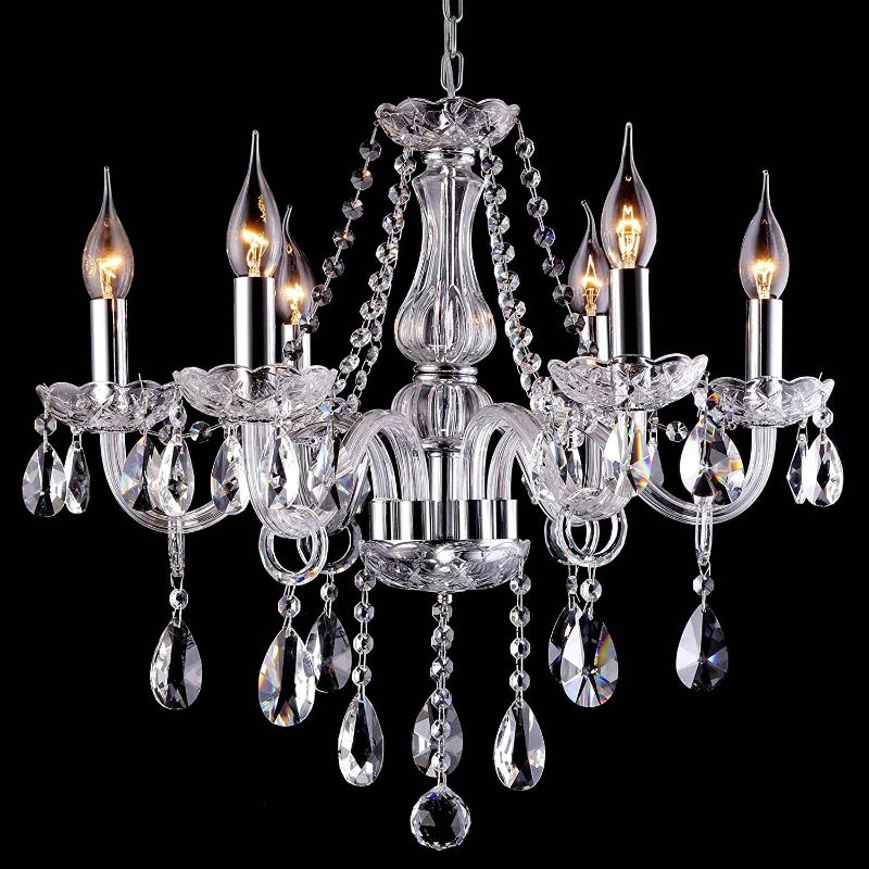 Photo 1 of Beirio Modern Contemporary Elegant K9 Crystal Glass Chandelier Luxurious 6 Lights Pendant Ceiling Lighting Fixture for Living Room Bedroom and Dining Rome Chrome Easy to Install (21.7× 19.7 inch)
