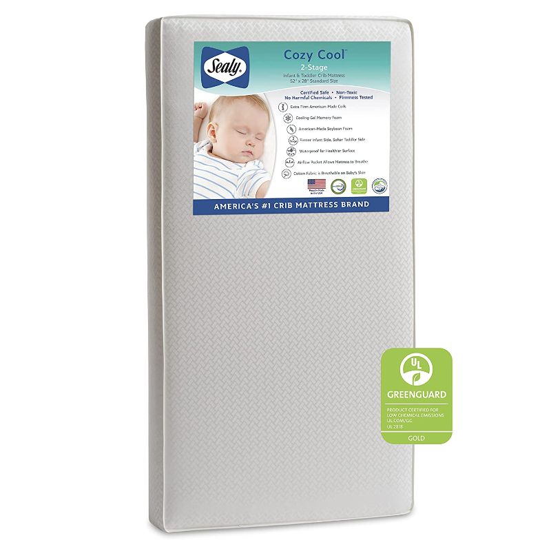 Photo 1 of Sealy Cozy Cool 2-Stage Coil and Gel Crib Mattress - White, 51.7x27.3x5 Inch (Pack of 1)