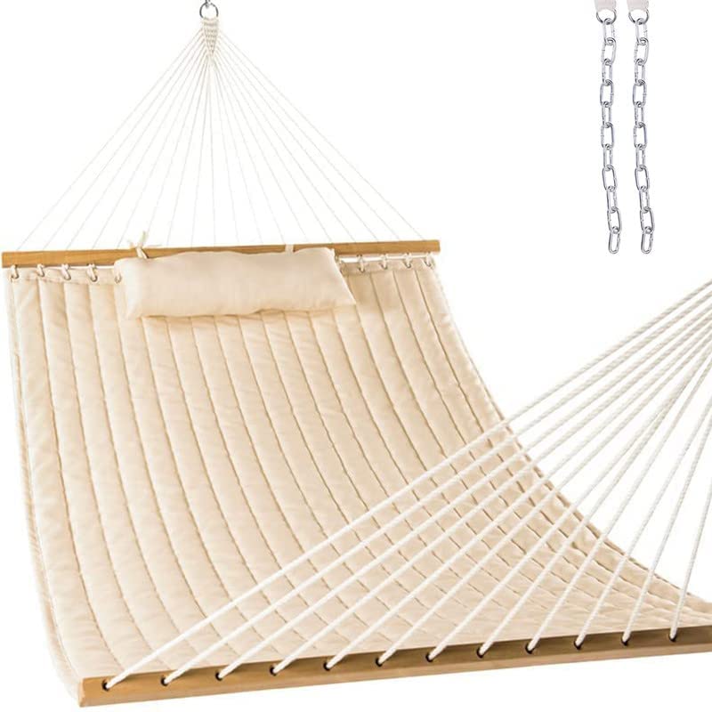 Photo 1 of 76in x 54in Double Quilted Fabric Hammock with Spreader Bars and Detachable Pillow, 2 Person Hammock for Outdoor Patio Backyard