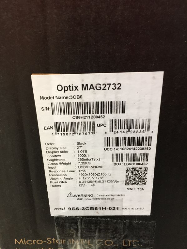 Photo 9 of MSI FHD IPS Gaming G-Sync Compatible HDR Ready 1ms 1920 x 1080 165Hz Refresh Rate 27" Gaming Monitor (Optix MAG2732)
(MINOR SCRATCH ON SCREEN)