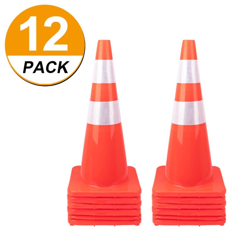 Photo 1 of [ 12 Pack ] 28" Traffic Cones PVC Safety Road Parking Cones Weighted Hazard Cones Construction Cones for Traffic Fluorescent Orange w/4" w/6" Reflective Strips Collar. Box Packaging Is Damaged, Item is New. 