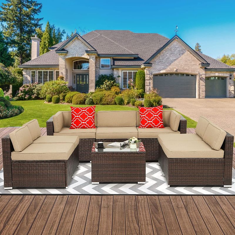 Photo 1 of YITAHOME 8 Pieces Patio Furniture Set, Outdoor Sectional Sofa PE Rattan Wicker Conversation Set Outside Couch with Table and Cushions for Porch Lawn Garden Backyard (Brown)---BOX 1 OF 3 ONLY---INCOMPLETE SET---MISSING BOX 2 AND BOX 3---LOOKS NEW---

