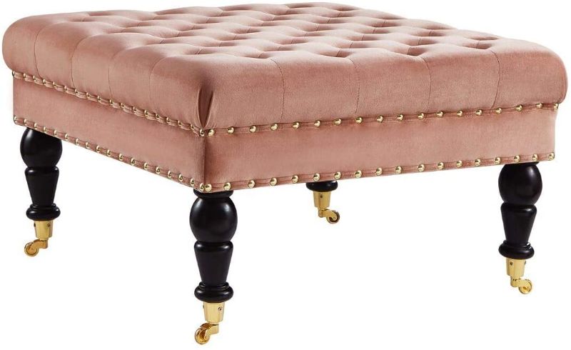 Photo 1 of 24KF Large Square Upholstered Tufted Button Velvet Ottoman Coffee Table , Large Footrest Bench with Golden Caters Rolling Wheels-Blush/Golden
