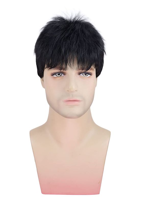 Photo 1 of Kalyss Men's Short Straight Black Wig Heat Resistant Synthetic Hair Wig 12 inch
