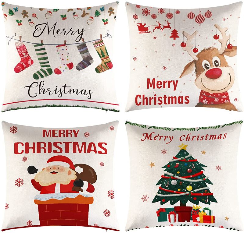 Photo 1 of Christmas Decor Throw Pillow Covers 18x18 Set of 4 for Sofa Couch,Christmas Decorations Clearance Merry Xmas Cushion Case Red Snowflakes Winter Cotton Linen Throw Waist Pillow Case for Home Indoor
