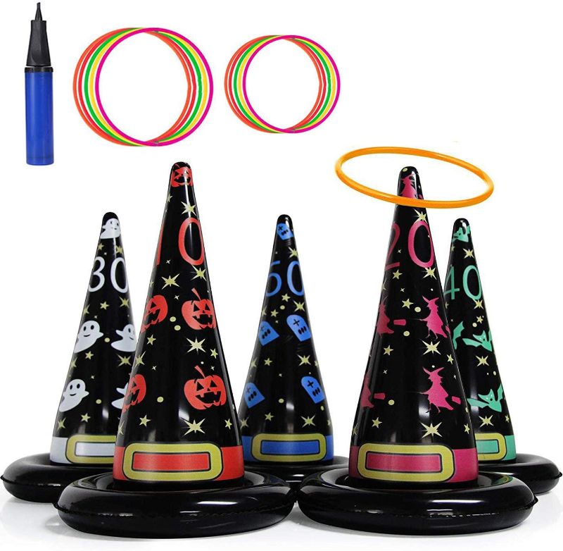 Photo 1 of Emopeak 5PCS Inflatable Witch Hat Ring Toss Game - Halloween Games with 10 Plastic Ring Toss
