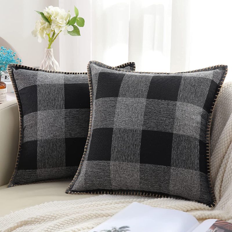 Photo 1 of decorUhome Set of 2 Buffalo Plaid Check Throw Pillow Covers Farmhouse Decorative Fall Pillow Cases for Bed Couch Sofa, 20x20 Inch, Black and Grey
