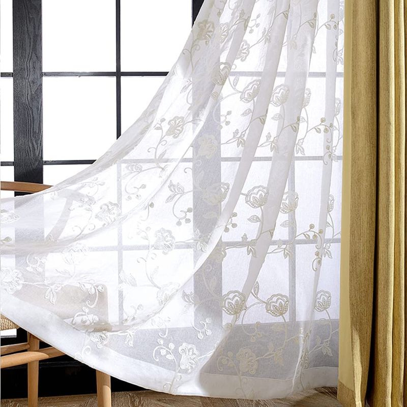 Photo 1 of Embroidered Sheer White Curtains Linen Look for Living Room Floral Rod Pocket Voile Panel Window Treatment Tulle Curtain , 1 Panel W52 x L84 inch
