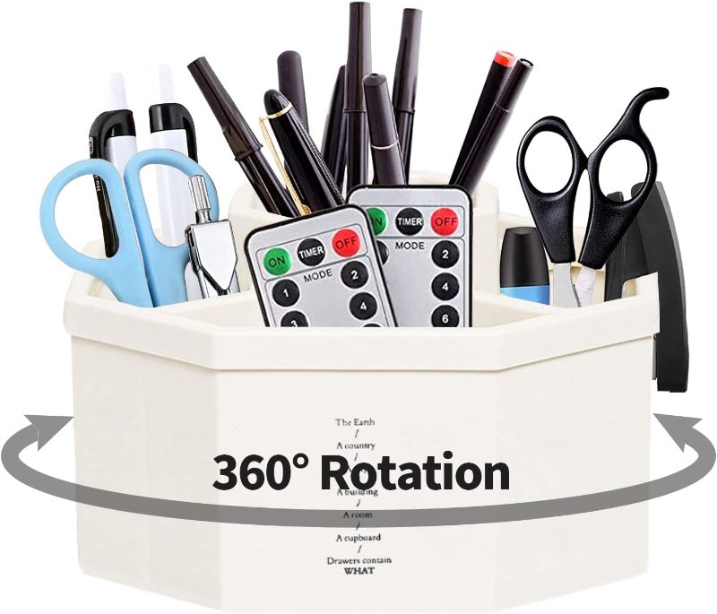 Photo 1 of 360-Degree Rotating Multi-Functional Pen Holder, 5 Compartments Desktop Stationary Organizer, for Office School, Art Supplies, Cosmetic Storage Box (Off-white)

