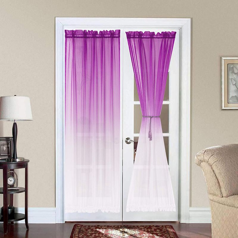 Photo 1 of Bermino Ombre French Door Curtains, Faux Linen Voile Rod Pocket Semi Sidelight Curtain for Living Room Patio Sliding Glass Door Window Set of 2 Panels 59 x 72 inch Purple Gradient
