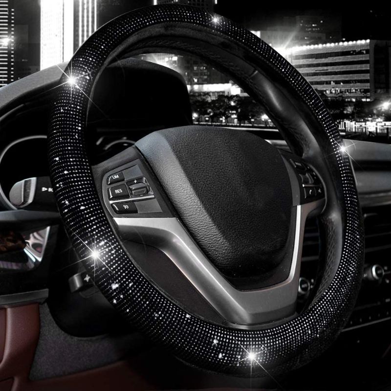 Photo 1 of Valleycomfy Steering Wheel Cover for Women Bling Bling Crystal Diamond Sparkling Car SUV Wheel Protector Universal Fit 15 Inch (Black,Standard Size(14" 1/2-15" 1/4))
