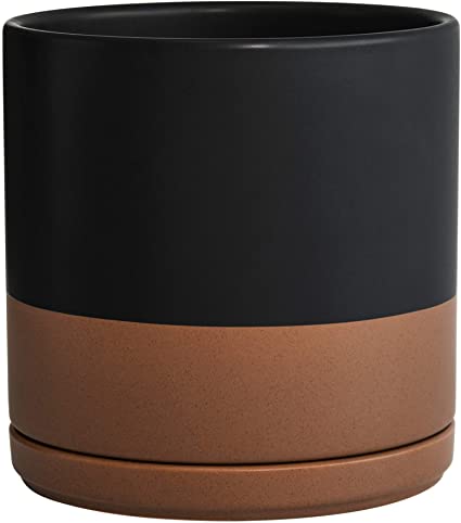 Photo 1 of D'vine Dev Ceramic Planter Pot with Drainage Hole and Saucer, Indoor Cylinder Round Planter Pot, 8 Inch, Black/Speckled Tan, 94-O-M-7
