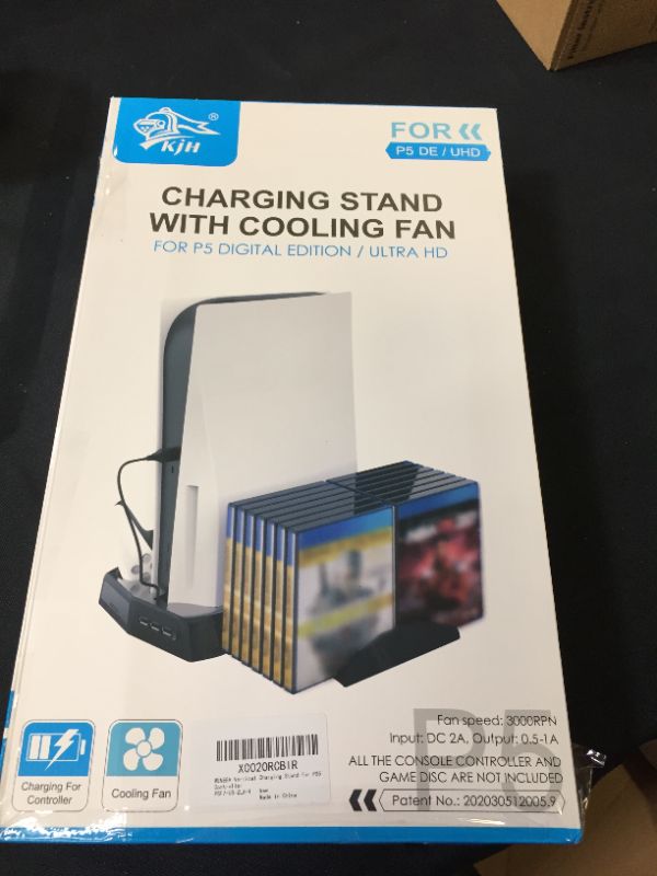 Photo 1 of MENEEA Vertical Stand for PS5 Digital Edition/Ultra HD with Dual Controller Charging Station and Suction Cooling Fan and 14 Retractable Game Slots