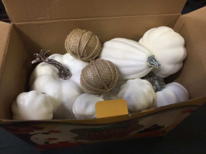 Photo 3 of AOLIGE 12 PCS White Pumpkins Decoration Fall Harvest Assorted Fake Pumpkins for Halloween Thanksgiving