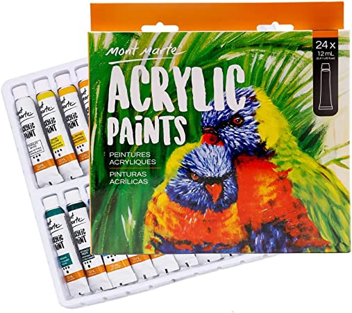 Photo 1 of Acrylic Paint Set 24 Colours 12ml, Perfect for Canvas, Wood, Fabric, Leather, Cardboard, Paper, MDF and Crafts (24 Bright Colours 12 ML, 1 PACK
