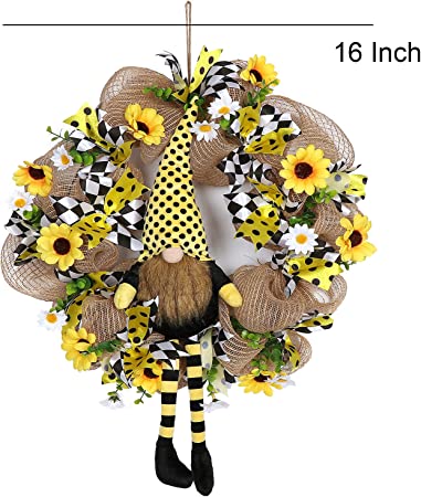 Photo 1 of  16 Inch Wreath with Bumble Bee Gnome, Artificial Sunflower Daisy Green Leaves with Bowknots Wreath