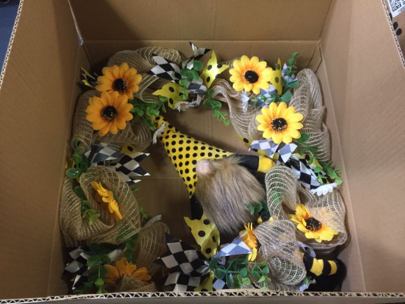 Photo 2 of  16 Inch Wreath with Bumble Bee Gnome, Artificial Sunflower Daisy Green Leaves with Bowknots Wreath