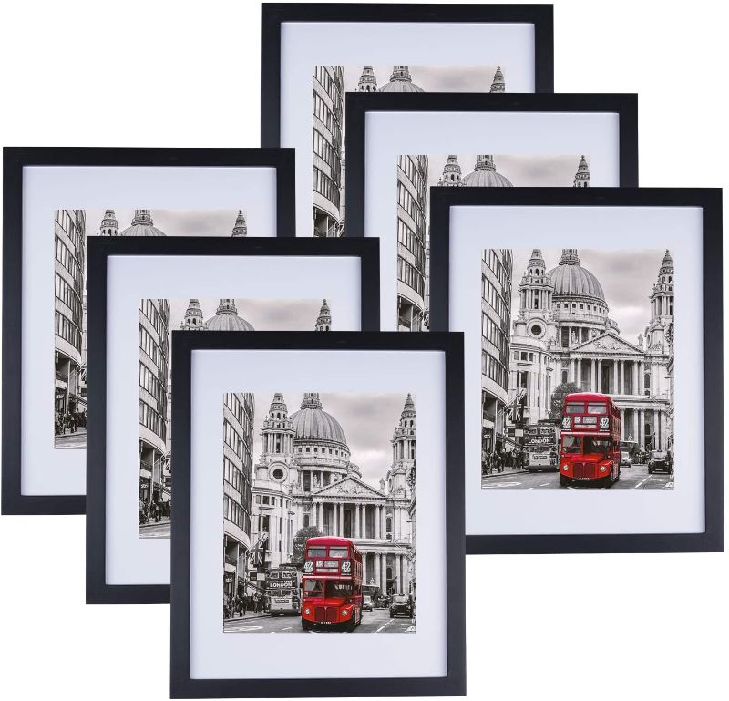 Photo 1 of 11x14 Picture Frame Set of 6, Display 8x10 Pictures with Mat or 11x14 without Mat for Tabletop Display and Wall Hanging, Classic Simple Photo Frames for Wall Gallery Home Office Decor, Black
