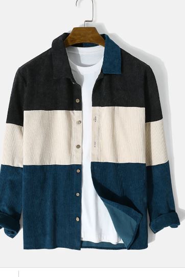 Photo 1 of Mens Corduroy Color Block Panel Stitching Casual Long Sleeve Shirts
