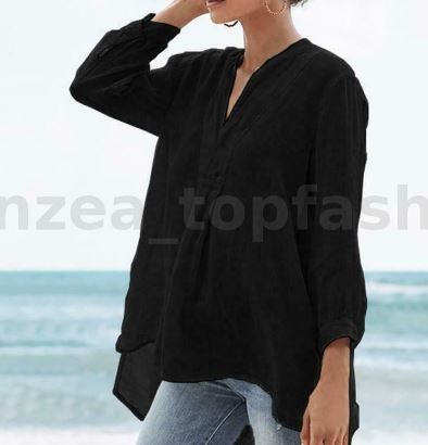 Photo 1 of WOMEN LINEN COTTON SUMMER SHIRT TOPS V NECK ASYMMETRIC HEM BLOUSE T SHIRT TEE US BLACK