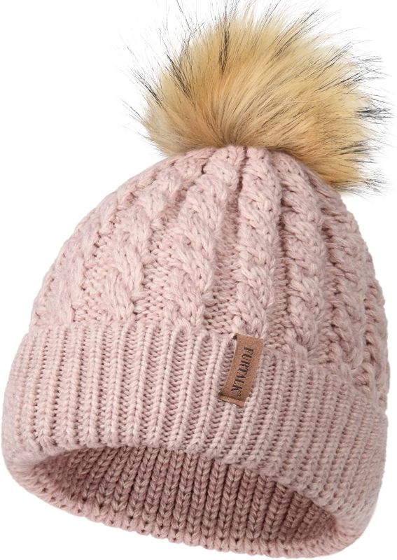 Photo 1 of FURTALK Winter Beanie Hat for Women Cotton Lined Faux Fur Pom Pom Hats Womens Warm Thick Knit Skull Cap

