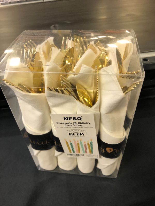 Photo 2 of 3rd Birthday Party Supplies - 12 Pack Baby’ Party Silverware, Gold Plastic Sliverware Set, Utensil Disposable Combo Knife Spoon Fork Napkin Supplies for Birthday Party
