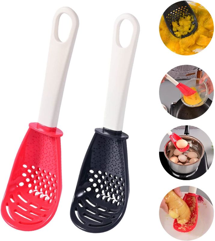Photo 1 of 2 Pcs Multifunctional Cooking Spoons, High Heat Resistant Skimmer Scoop Colander Strainer, Premium Multifunctional Kitchen Spoon, Non-stick, Easy to wash for Cooking, Draining (Black and Red) - 5 PACK 
