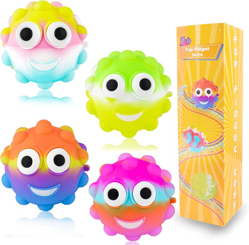 Photo 1 of 4 Packs Pop Stress Glow Balls, 3D Eyes Light Squishy Squeeze Anxiety Relief Toys Girls Boys, Push Bubble Smile Sensory Ball Gift for Kids Adults
