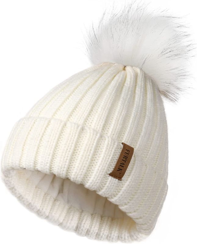 Photo 1 of FURTALK Womens Winter Knitted Beanie Hat with Faux Fur Pom Warm Knit Skull Cap Beanie for Women (One Size, 08-White -Fleece)
